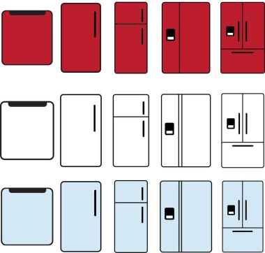 Kırmızı, çizgi ve gökyüzü mavisi buzdolapları düz simgeler. Buzdolabı tipleri, dondurucu, şarap soğutucusu, ticari aletler, soğutmalı vitrin. Beyaz arka planda izole edilmiş ev aletleri dükkanı için ince doğrusal işaretler.