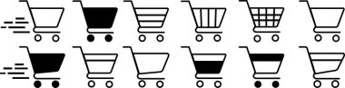 Tam ve boş alışveriş arabası sembol dükkânı ve satış ikonu seti. Web mağazası alışveriş arabasının ikon şeklindeki düğmesi. İnternet mağazası logo işareti satın aldı. Beyaz arkaplanda izole.