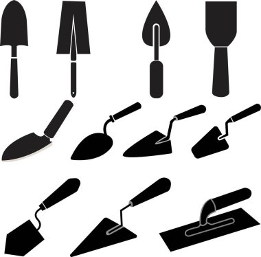 Simple trowel with handle sign web icon silhouette with invert color. Minimalist shovel, spade or trowel solid black icon design. construction icon isolated on white background. clipart