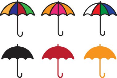 Kırmızı, siyah ve sarı Şemsiye ana hatları simgeleri. Mobil konsept ve web tasarımı için doğrusal biçim işareti. Yağmur koruması basit çizgi simgesi koleksiyonu. Sembol, logo. Piksel mükemmel grafikler.