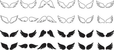 Uzun tüylü bir çift kanat. Melek ya da kuş kanadı düz siyah ikonlar. Pilot yama rozeti. Heraldik klasik ordu amblemi Şahin Anka Şahini. Uçan kanatlı çerçeve. Motorcu logosu şablon damgası.