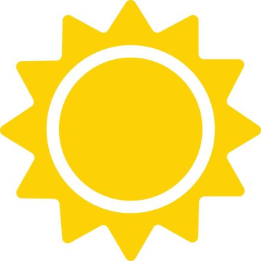Sarı güneş ikonu, güneş ve güneş ışığı, gün doğumu veya gün batımı. Dekoratif daire tam ve yarım güneş ve güneş ışığı. Bronzlaşmak için sıcak güneş enerjisi. Beyaz arkaplanda güneş simgesi.