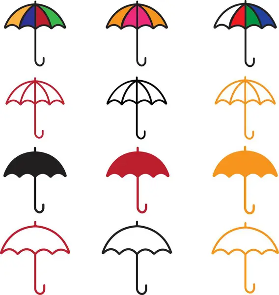 Conjunto Iconos Contorno Paraguas Rojo Negro Amarillo Signo Estilo Lineal — Vector de stock