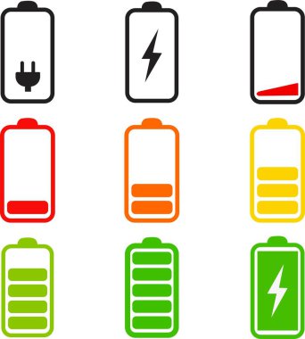 Dikey batarya seviyesi göstergesi yüzdesi. Pil göstergesi sembolleri. Renkli pil seviyesi 0 ile 100 arasında şeffaf arkaplanda izole.