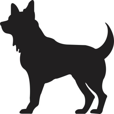 Siyah yassı köpek silueti. Açık şekil ya da yol yok. Köpek cinsi, veteriner, köpek gezdirme, evcil hayvan bakıcılığı ilhamı. Köpek şovu, yarışma, evcil hayvan dükkanı, şeffaf arka planda izole rehber köpek..