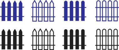 Düz Çit, koruma simgeleri ayarlandı. Bahçe, açık hava, ev vektörü. duvar, dış, sınır, ahşap, bahçe, bahçe tabelaları, ağ için düzenlenebilir stoklar ve şeffaf arkaplanda izole mobil uygulamalar.