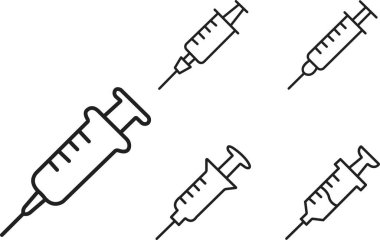 Şırınga seti, enjeksiyon ikonları. Yenilenebilir stoklarla, modaya uygun doğrusal aşılama. Tıbbi ekipman. Aşı ve enjeksiyon için elementler. Şeffaf arkaplanda sembol tedavisi izole edildi.