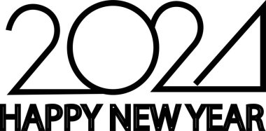 2024 Mutlu Yıllar logosu metin tasarımı. Günlükler, defterler, takvimler için siyah etiketli vektör çizimi. 2024 numara tasarım şablonu. Şeffaf arkaplanda Mutlu Yıllar sembolü.
