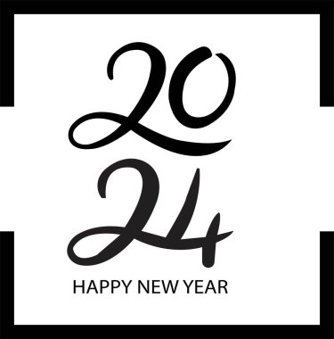 2024 Mutlu Yıllar logosu metin tasarımı. Günlükler, defterler, takvimler için siyah etiketli vektör çizimi. 2024 numara tasarım şablonu. Şeffaf arkaplanda Mutlu Yıllar sembolü.