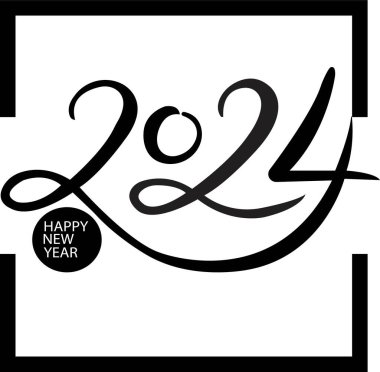 2024 Mutlu Yıllar logosu metin tasarımı. Günlükler, defterler, takvimler için siyah etiketli vektör çizimi. 2024 numara tasarım şablonu. Şeffaf arkaplanda Mutlu Yıllar sembolü.