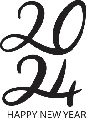 2024 Mutlu Yıllar logosu metin tasarımı. Günlükler, defterler, takvimler için siyah etiketli vektör çizimi. 2024 numara tasarım şablonu. Şeffaf arkaplanda Mutlu Yıllar sembolü.