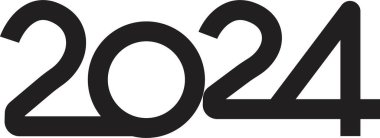 2024 Mutlu Yıllar logosu metin tasarımı. Günlükler, defterler, takvimler için siyah etiketli vektör çizimi. 2024 numara tasarım şablonu. Şeffaf arkaplanda Mutlu Yıllar sembolü.