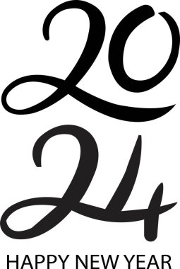 2024 Mutlu Yıllar logosu metin tasarımı. Günlükler, defterler, takvimler için siyah etiketli vektör çizimi. 2024 numara tasarım şablonu. Şeffaf arkaplanda Mutlu Yıllar sembolü.