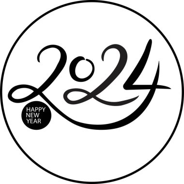 2024 Mutlu Yıllar logosu metin tasarımı. Günlükler, defterler, takvimler için siyah etiketli vektör çizimi. 2024 numara tasarım şablonu. Şeffaf arkaplanda Mutlu Yıllar sembolü.
