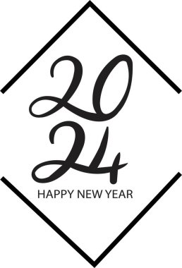 2024 Mutlu Yıllar logosu metin tasarımı. Günlükler, defterler, takvimler için siyah etiketli vektör çizimi. 2024 numara tasarım şablonu. Şeffaf arkaplanda Mutlu Yıllar sembolü.