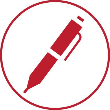 Kalem, simge yaz. Kırmızı kalem doldurulmuş vektör işareti. Basit bir resimli resim. Araç simgesi yazılıyor. Şeffaf arkaplanda sembol ve logo çizimi izole edildi.