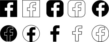Siyah düz Facebook simgeleri, Facebook sosyal medya vektörleri. F harfi logosu düzenlenebilir hisse senedi. Saydam arkaplanda yalıtılmış yazı. Facebook tanınmış bir sosyal ağ hizmetidir.