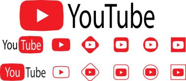 Kiev, Ukrayna - 20 Ekim 2021: YouTube logoları seti. Editör, logo sembolleri kırmızı pankartlar, düz vektör simgeleri, sosyal medya işaretleri, mobil uygulama koleksiyonu, şeffaf arkaplanda izole edilmiş.