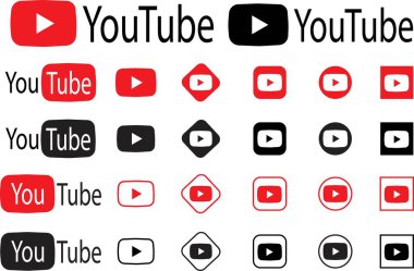 Kiev, Ukrayna - 20 Ekim 2021: YouTube logoları seti. Editör, logo sembolü Kırmızı ve Kara pankartlar, düz vektör simgeleri, sosyal medya işaretleri, mobil uygulama koleksiyonu, şeffaf arkaplanda izole edilmiş.