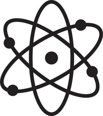 Atom simgesi. Molekül çekirdeği bilim vektör sembolü. Fizik nükleer araştırma işareti. Elektron, proton veya nötron kimyası simgesi siyah düz bir şekilde izole edilmiş, şeffaf arkaplan üzerinde.