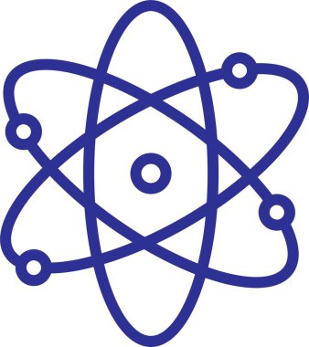 Atom simgesi. Molekül çekirdeği bilim vektör sembolü. Fizik nükleer araştırma işareti. Elektron, proton veya nötron kimya simgesi mavi düz şekilde izole edilmiş şeffaf arkaplan.