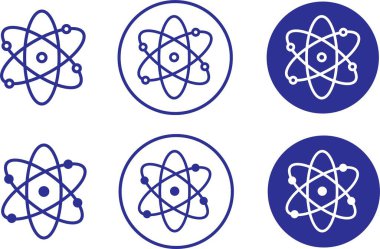 Atom simgeleri ayarlandı. Molekül çekirdeği bilim vektör sembolleri. Fizik nükleer araştırma işaretleri. Elektron, proton veya nötron kimya simgeleri mavi düz stil ve şeffaf arkaplan üzerinde yenilebilir stok.
