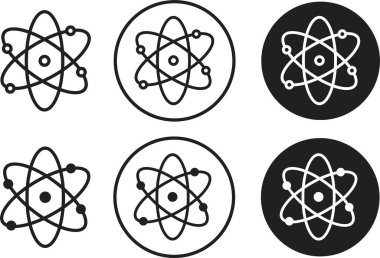 Atom simgeleri ayarlandı. Molekül çekirdeği bilim vektör sembolleri. Fizik nükleer araştırma işaretleri. Elektron, proton veya nötron kimya simgeleri siyah düz stil ve şeffaf arkaplan üzerinde yenilebilir stok.