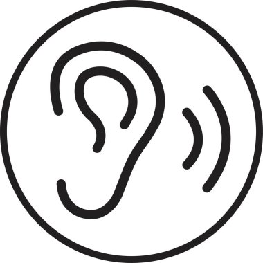 Kulak vektörü simgesi, işitme sembolü. İnsan kulağı dinleme ikonu. Şeffaf arkaplanda izole edilmiş web veya mobil uygulama için düzenlenebilir stok ile basit, düz tasarım.