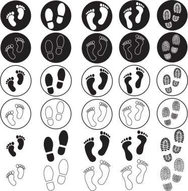 Siyah siluet ayak izi simgeleri seti. Düz Grafik Tasarımlı Ayak İzi Simgeleri düzenlenebilir stokta. İnsan ayak izleri. Saydam Arkaplanda izole edilmiş ayak izi klipleri. Ayakkabı tabanı izi.