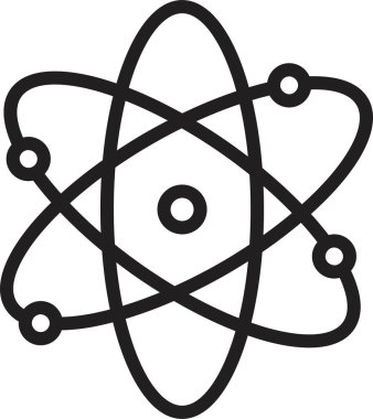 Atom simgesi. Molekül çekirdeği bilim vektör sembolü. Fizik nükleer araştırma işareti. Elektron, proton veya nötron kimyası simgesi siyah düz bir şekilde izole edilmiş, şeffaf arkaplan üzerinde.