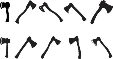 Şeffaf arkaplanda izole edilmiş tahta balta simgeleri seti. İş ahşap işçiliği ya da oduncu amblemi ya da ikonlar için elementler. Ahşaptan yapılmış kabza koleksiyonu olan inşaat metal baltaları..