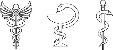 Caduceus yılan simgeleri hizaya getirildi. Tıp merkezi, eczane, tıbbın popüler sembolleri olan hastane. Tıbbi bakım logoları şeffaf arka planda düzenlenebilir stoklar. Asklepius işareti..