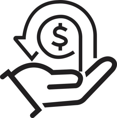 Siyah çizgi Cashback simgesi. Para iade edilebilir sembol hisse senedi. Parayı alan el geri döner ve şeffaf arka plandaki yatırıma döner. El ele tutuşma parası. Dolar parası. Finans işareti.
