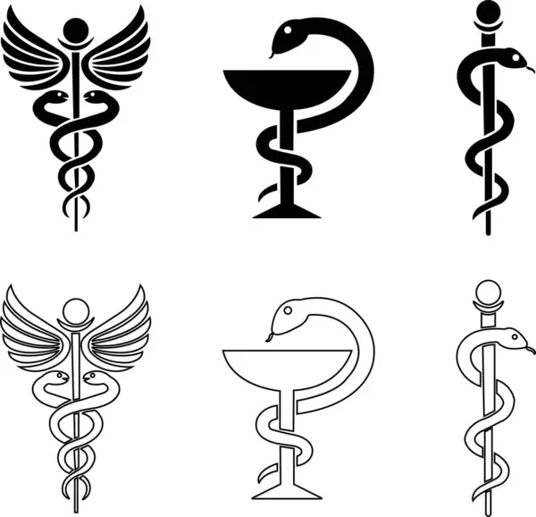 Düz stil Caduceus yılan simgeleri. Tıp merkezi, eczane, tıbbın popüler sembolleri olan hastane. Tıbbi bakım logoları şeffaf arka planda düzenlenebilir stoklar. Asklepius işareti..