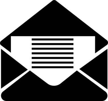 Posta simgesi. E- posta, posta, mektup, zarf şeffaf bir arkaplanda izole edilmiş. Siyah dolgu düz tasarım vektörü, web, web sitesi ve mobil uygulama için uyarlanmış e-posta simgesi. Zarf pictogramını aç.