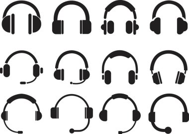Web sitesi tasarımları için siyah kulaklık simgeleri seti ve şeffaf bir arkaplanda mobil karanlık mod uygulamaları vektörleri. Kulaklıklar müzik hoparlörleri simgeleri. Müşteri hizmetleri desteği.