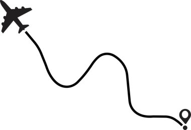 Uçak rotası simgesi. Uçağın uçuş güzergahı, hat boyunca bulundukları yerden. Uçuş rotası, saydam bir arka planda izole edilmiş bir uçak silueti ile..