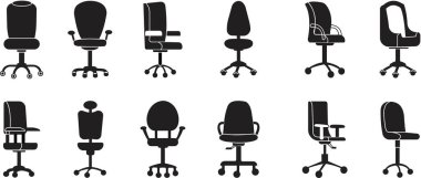 Modern dolgu tarzında ofis sandalyeleri ya da logolar. Web sitesi tasarımları ve mobil uygulamalar için yüksek kalite siyah Pictogram. Ofis içi mobilyalar Şeffaf arkaplanda izole edilmiş iç vektörler.