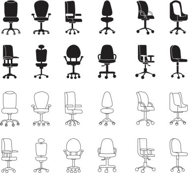 Modern düz stil ofis sandalyesi seti ve yenilebilir stoklar. Web sitesi tasarımları ve mobil uygulama için yüksek kaliteli siyah düz resim. Saydam arkaplanda ofis içi vektörler için mobilyalar.