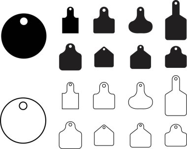 Set of Cow Tags icons. Ear tag signs beefs symbols. Ear tags for cattle. Black flat identification editable stock for farm animals on transparent background. Earmark mockup for livestock Vectors. clipart