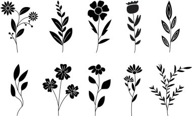 Çiçek simgeleri ayarlandı. Bahçe bitkisi çizimleri. Şeffaf arkaplanda bulunan dolgu biçimlerindeki güzel semboller. Minik Bitki Kesme Sanatı Zarif El Düğün davetiyesi ve poster ikonu.