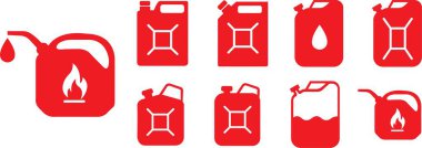 Red Fill tarzında ikonlar dizisi. Kırmızı saplı bidonlar. Benzin ve benzin bidonu tabelaları. Araba benzini sembolleri. Galon koleksiyonu. Otomobil endüstrisi vektörleri şeffaf arkaplanda izole edildi.