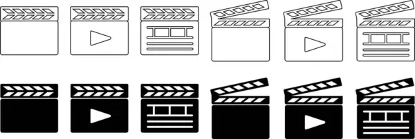 Stock vector Clapperboard icons Set. Movie shooting clapper board vectors. Film cinema or tv clapperboard symbols. cinema action scene cut clap board signs in flat styles editable stock on transparent background.