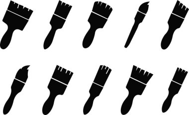 Doldurma biçiminde boya fırçası ikonları vektörleri seti, şeffaf arkaplanda katı logolar çizimleri. Sanatçı çalışma araçları, resim simgeleri ya da sanat sembolleri. Ressam araç gereç iş kavramları.