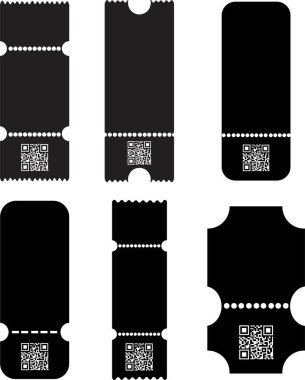 Bilet, kupon, QR Kod Doldurma simgeleri ile çekiliş şablonu. Etkinlik, sinema, tiyatro, film, konser ve uçak seyahati için kağıt maketi. Davetiye, piyango, şeffaf arkaplan üzerine klasik kartlar.