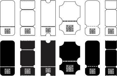Bilet, kupon, çekiliş şablonu QR Kod Düz simgeleri seti. Etkinlik, sinema, tiyatro, film, konser ve uçak seyahati için kağıt maketi. Davetiye, Piyango, şeffaf arkaplan üzerine klasik kart.