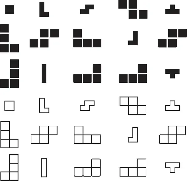 Düz Styles düzenlenebilir stoktaki Tetris oyun vektör simgeleri kümesi. Geometrik şekiller. Kusursuz bulmaca tasarımları. Tetris blokları. Oyun sembollerini engeller. Şeffaf arkaplanda siyah mantık oyunu işaretleri.