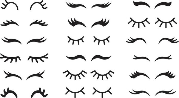 Set of Closed eyes with eyelashes cute icons for cartoon character illustration. Sleep girl or unicorn long eyelash line flat simple face part graphic makeup mascara symbols on transparent background.