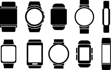 Fill Styles 'da bilezik vektör simgeleriyle akıllı kol saati seti. Akıllı seğirme sembolleri. Saat simgeleri. Şeffaf arka planda bileklik ya da kol saati. Uygulamalar ve web siteleri için Smartwatch tasarımları.