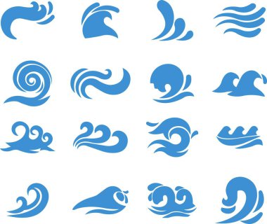 Düz stil mavi dalga simgeleri dizisi. Dalga illüstrasyon işaretleri web, mobil uygulama için kullanılabilir. Okyanus sembolleri. Su elementi, okyanus sıvısı eğrisi şeffaf arkaplanda dönen girdap fırtınası.